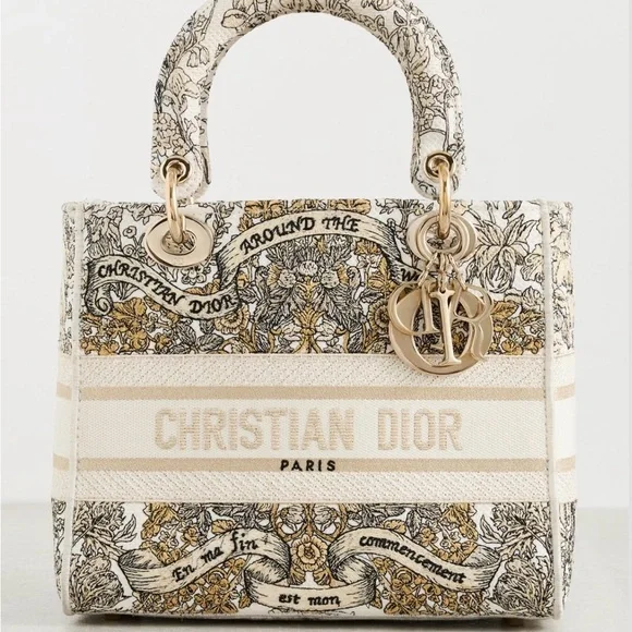 Christian Dior Cream & Gold Embroidered Lady Dior Tote - Picture 1 of 17